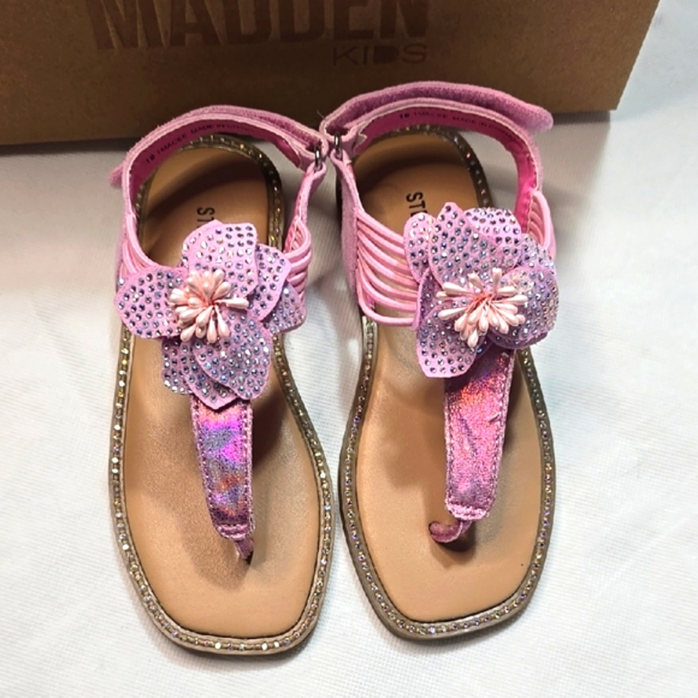 Steve Madden Pink T-Strap Sandals with Floral Embellishment
